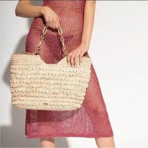 Cult Gaia Naima straw raffia tote bag gold brass chain link handles off white